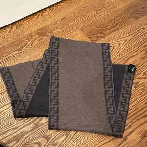 Fendi Elegant Brown and Black Logo Reversible Wool Scarf